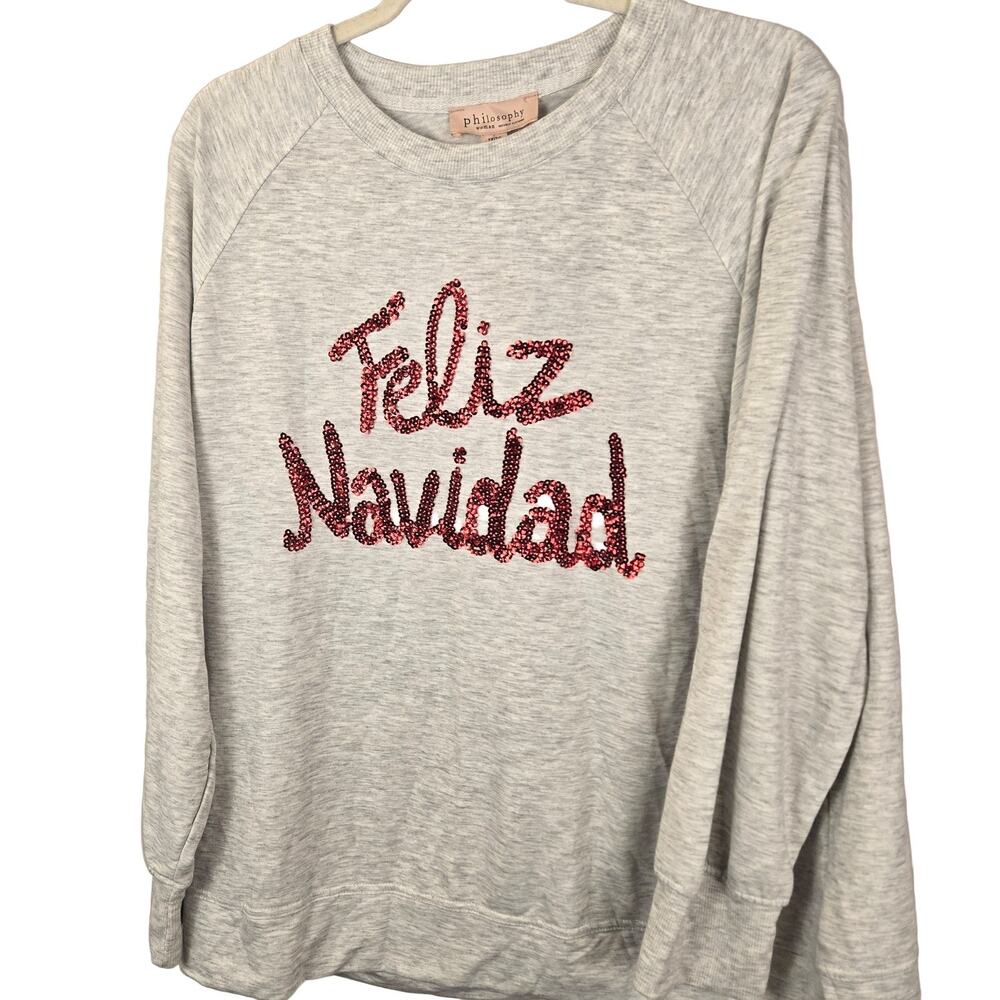 Philosophy Feliz Navidad Sequin Sweatshirt Women's 1X Heather Grey Pullover